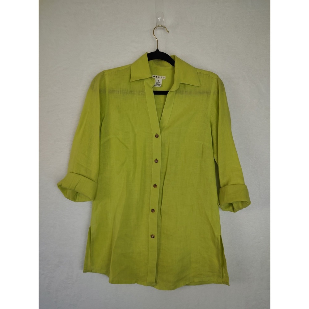 Notations Women Lime Green 100% Linen Button Down Tunic Shirt Size S 3/4 Sleeve